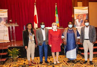 H.E. Ms Ito Takako, Ambassador of Japan to Ethiopia with Ms. Esperance Fundira, UNFPA Ethiopia Officer in Charge and distinguished representatives of the Ministry of Health and the Amhara and Benishangul Gumuz Regional States at the end of the launching ceremony in Addis Ababa. 