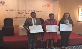 Dignitaries of Ministry of Health and UNFPA Representative a.i. launching the compact
