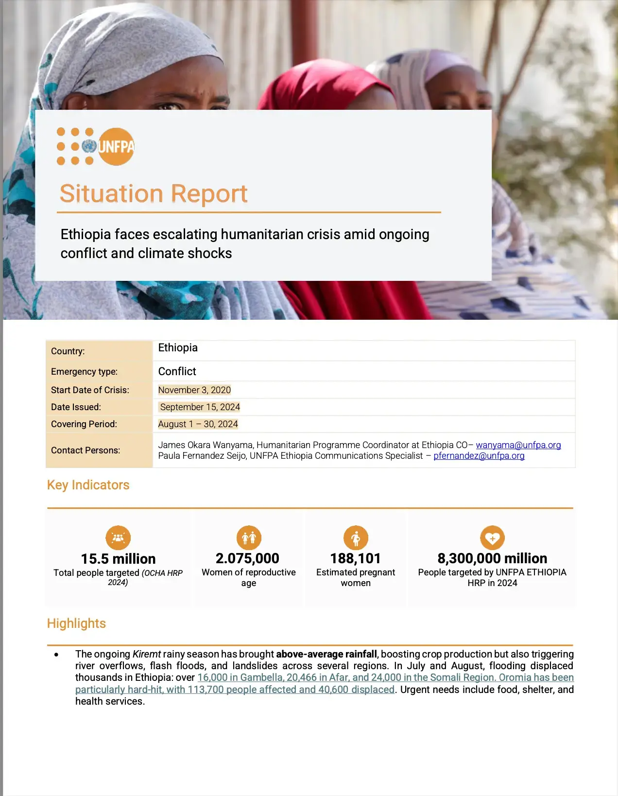 UNFPA ETHIOPIA HUMANITARIAN SITUATION REPORT_ August 2024