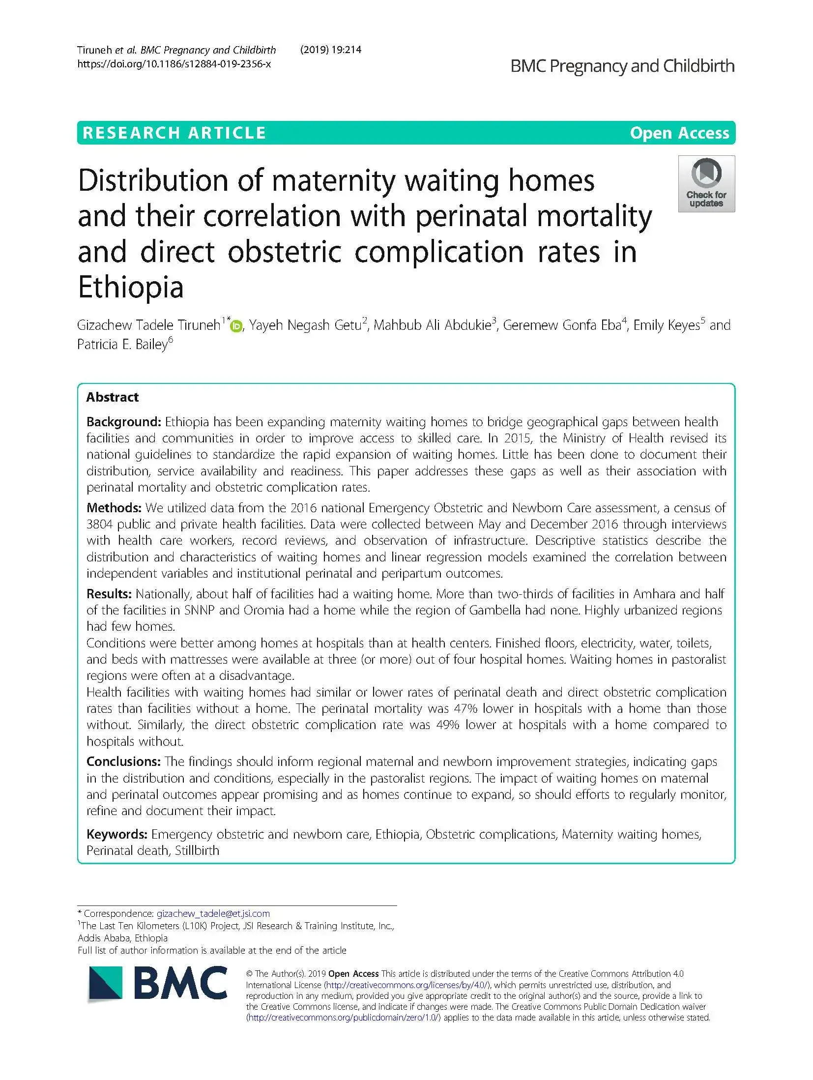 Research Article: Distribution of maternity waiting homes and their correlation with perinatal mortality and direct obstetric complication rates in Ethiopia